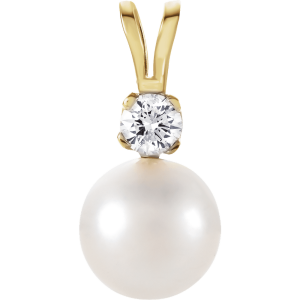 14KT Yellow Gold Cultured White Akoya Pearl & .025 CTW Natural Diamond Pendant