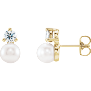 14KT Gold Cultured White Freshwater Pearl & 1/2 CTW Natural Diamond Earrings