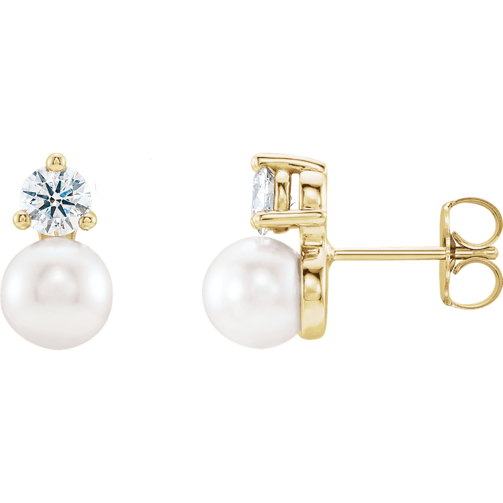 14KT Gold Cultured White Freshwater Pearl & 1/2 CTW Natural Diamond Earrings