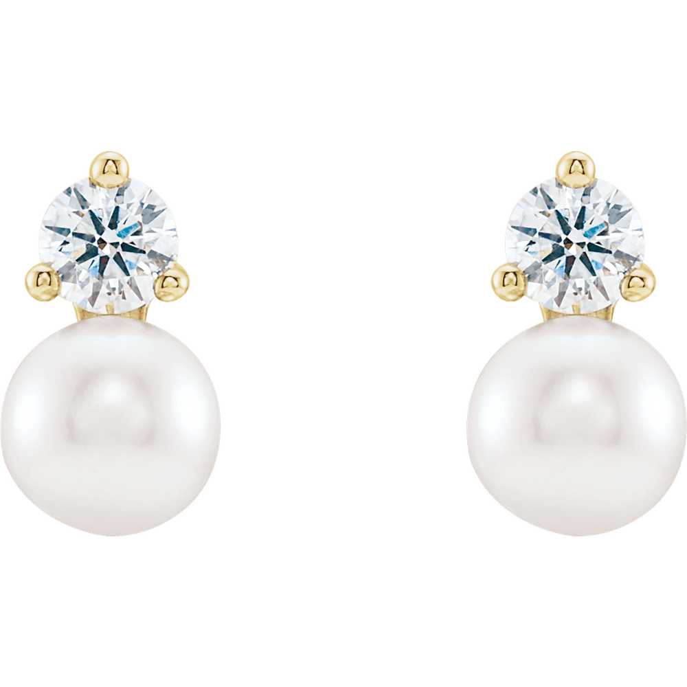 14KT Gold Cultured White Freshwater Pearl & 1/2 CTW Natural Diamond Earrings - Image 2