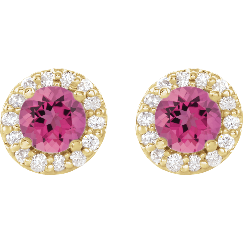 14KT Gold Round Stone Prong Halo-Style Earrings - Image 2