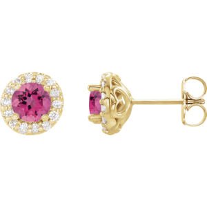 14KT Gold Round Stone Prong Halo-Style Earrings