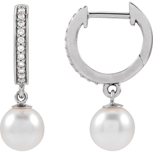 14K Gold Cultured White Freshwater Pearl & 1/10 CTW Natural Diamond Hoop Earrings