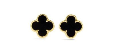 14K Yellow Gold Italian Black Onyx Clover Earrings