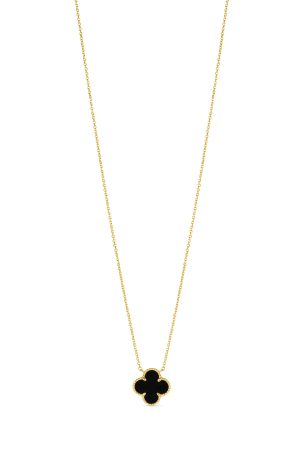 14K Yellow Gold Italian Black Onyx Clover Necklace with 16"-18" extender
