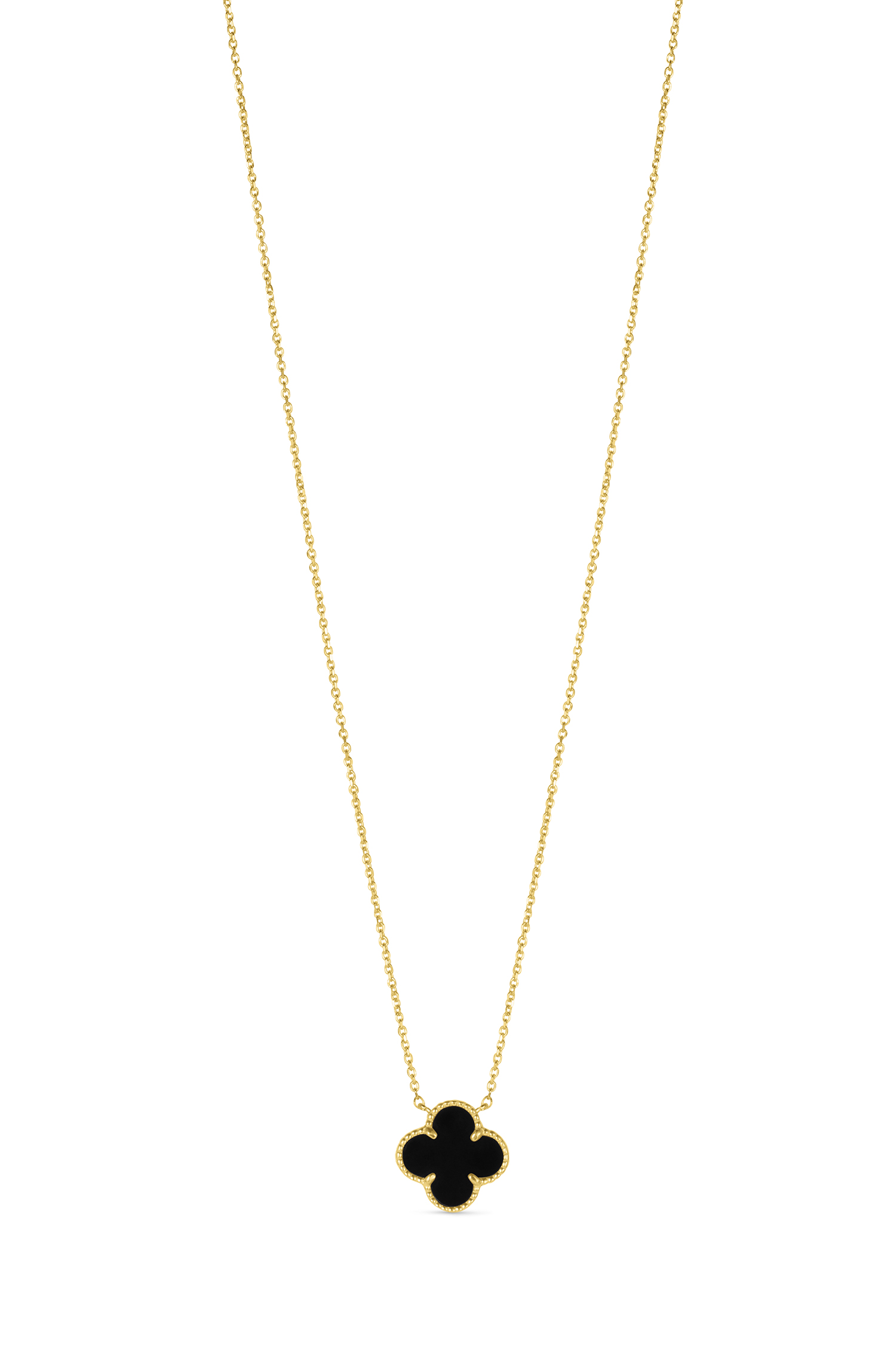 14K Yellow Gold Italian Black Onyx Clover Necklace with 16"-18" extender