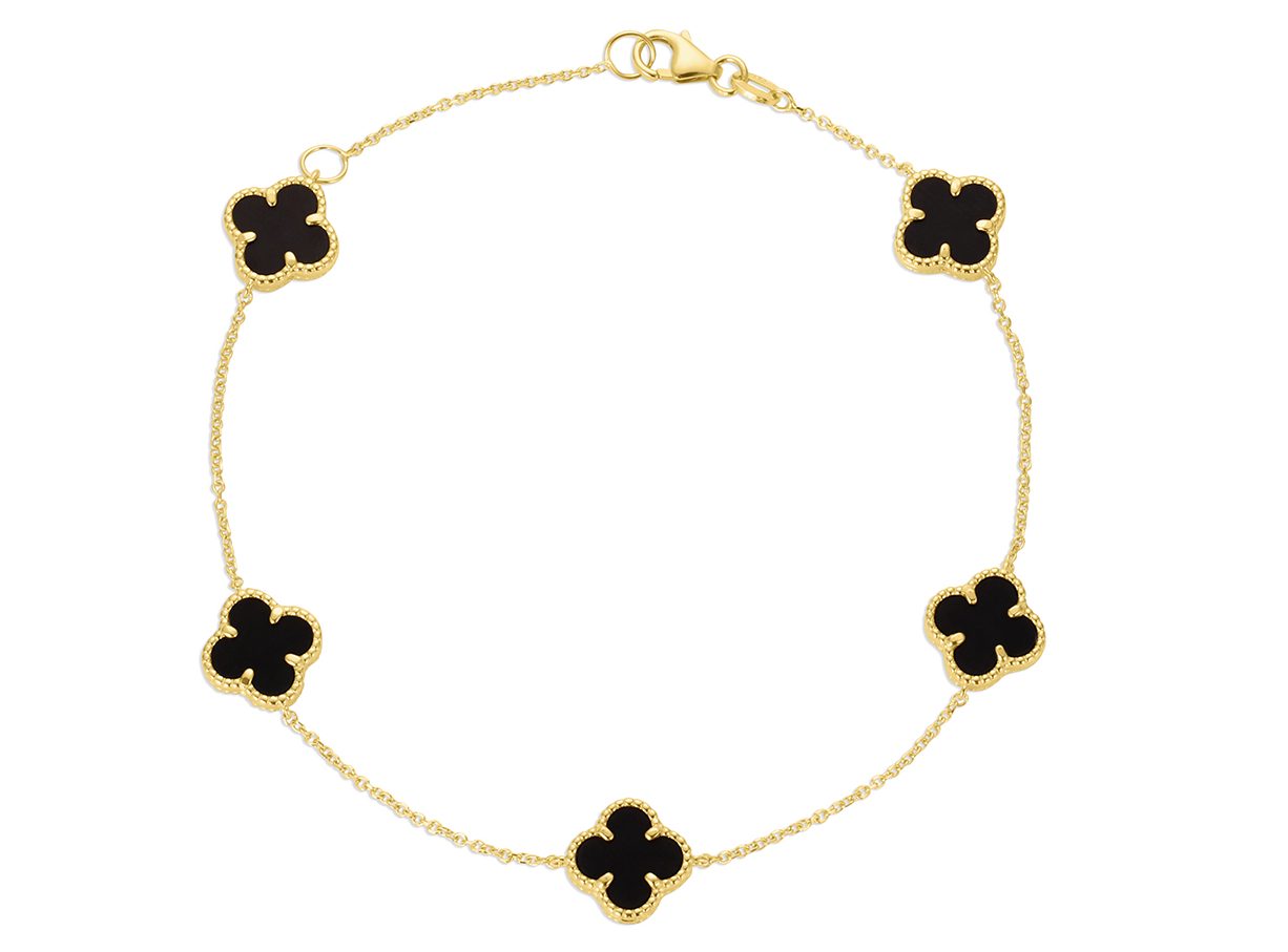 14KT Yellow Gold Italian Black Onyx Multi Clover Bracelet with 7"-8" extender