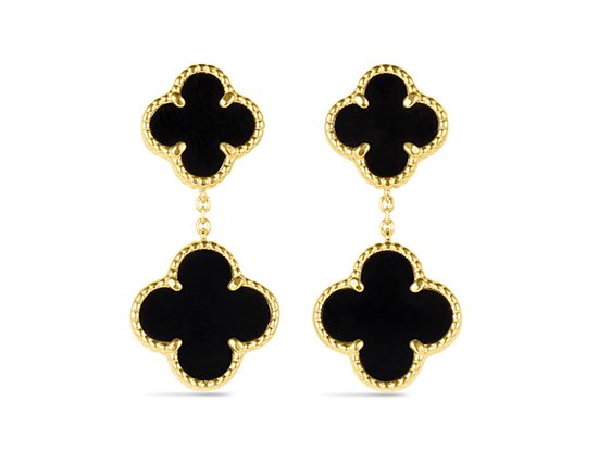 14KT Yellow Gold Italian Black Onyx Multi Clover Earrings