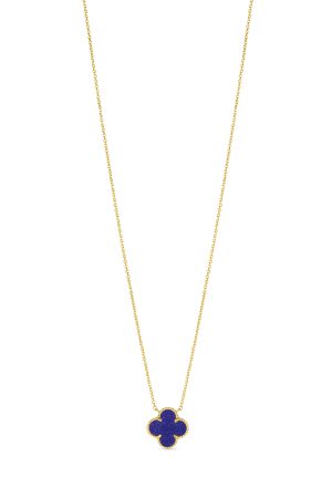 14K Yellow Gold Italian Blue Lapis Clover Necklace with 16"-18" extender