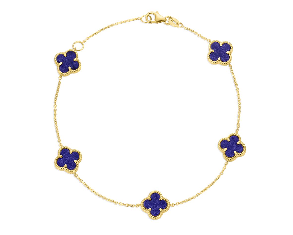 14KT Yellow Gold Italian Blue Lapis Multi Clover Bracelet with 7"-8" extender
