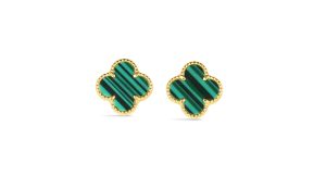 14KT Yellow Gold Italian Green Malachite Clover Earrings