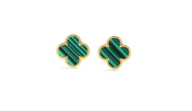 14KT Yellow Gold Italian Green Malachite Clover Earrings
