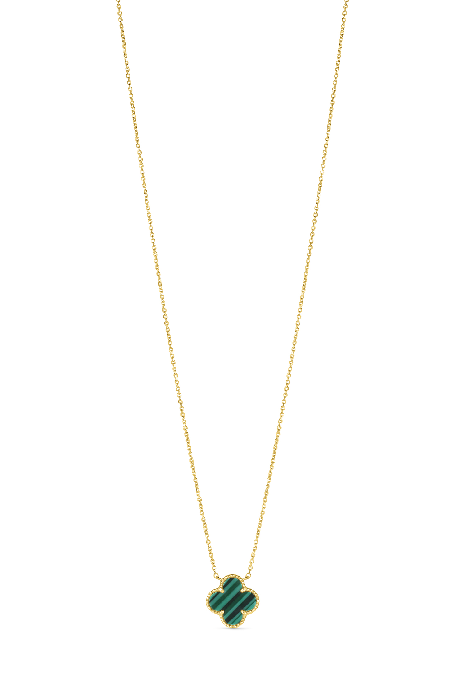 14KT Yellow Gold Italian Green Malachite Clover Necklace with 16"-18" extender