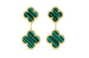 14KT Yellow Gold Italian Green Malachite Multi Clover Earrings