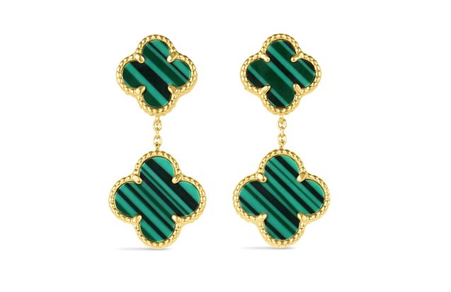 14KT Yellow Gold Italian Green Malachite Multi Clover Earrings