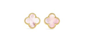 14KT Yellow Gold Italian Pink Mother of Pearl Clover Earrings