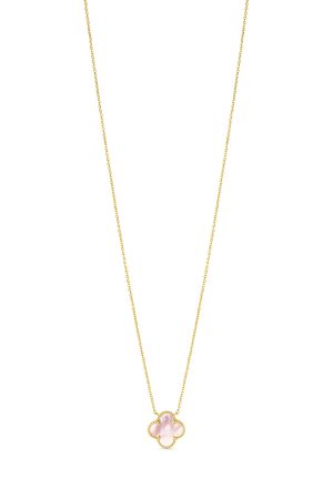 14K Yellow Gold Italian Pink Mother of Pearl Clover Necklace with 16"-18" extender
