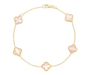 14KT Yellow Gold Italian Pink Mother of Pearl Multi Clover Bracelet with 7"-8" extender