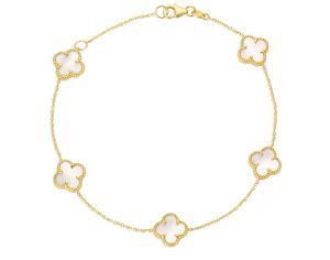 14KT Yellow Gold Italian White Mother of Pearl Multi Clover Bracelet with 7"-8" extender