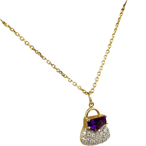 14KT Yellow Gold Natural Diamond and Amethyst Pendant 18" Necklace