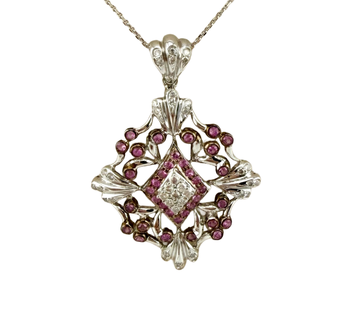 14KT White Gold Pink Sapphire Pendant Necklace - Image 2