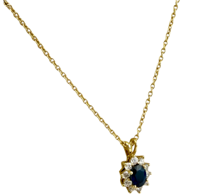 14KT Yellow Gold Blue Sapphire and Natural Diamond 18" Necklace