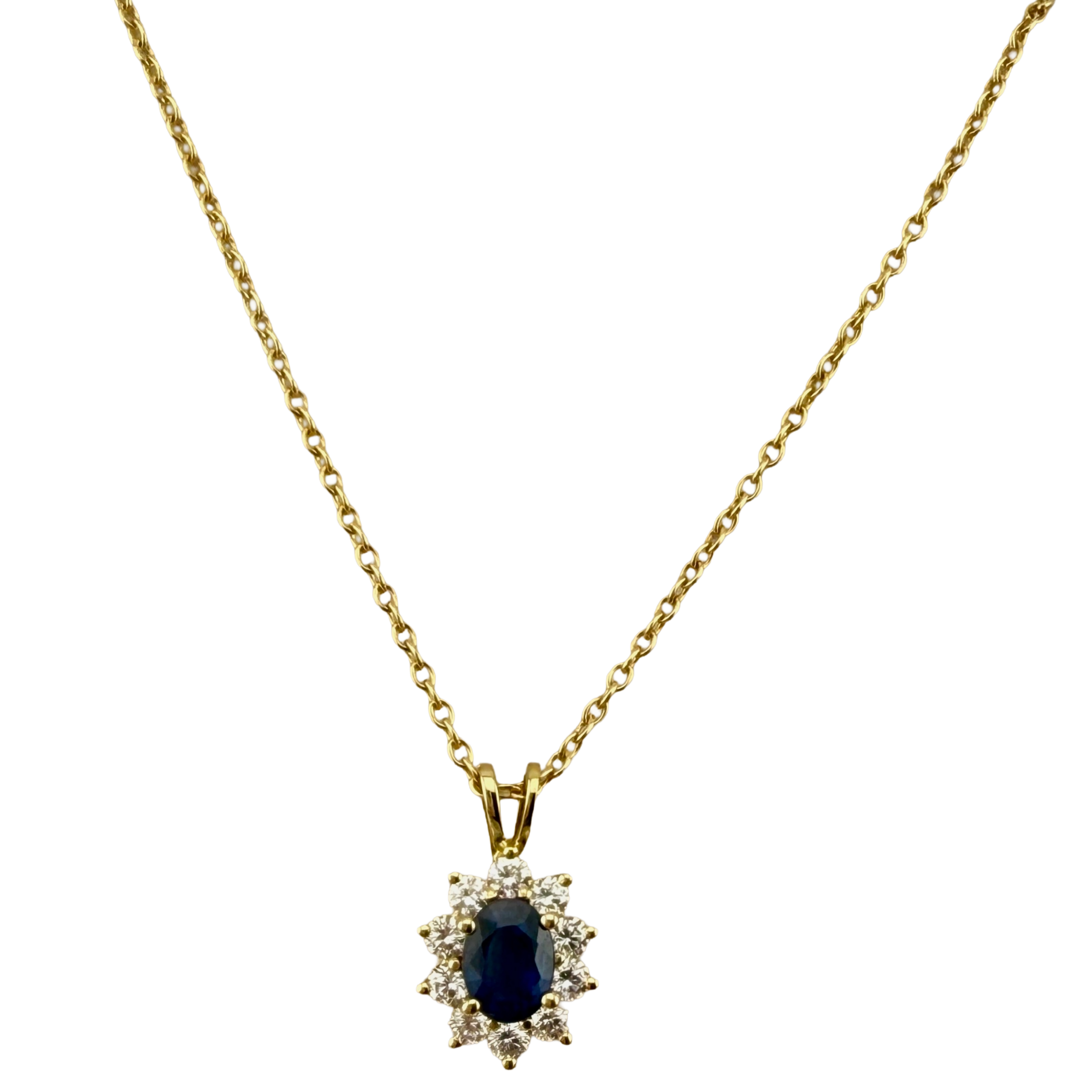 14KT Yellow Gold Blue Sapphire and Natural Diamond 18" Necklace - Image 2