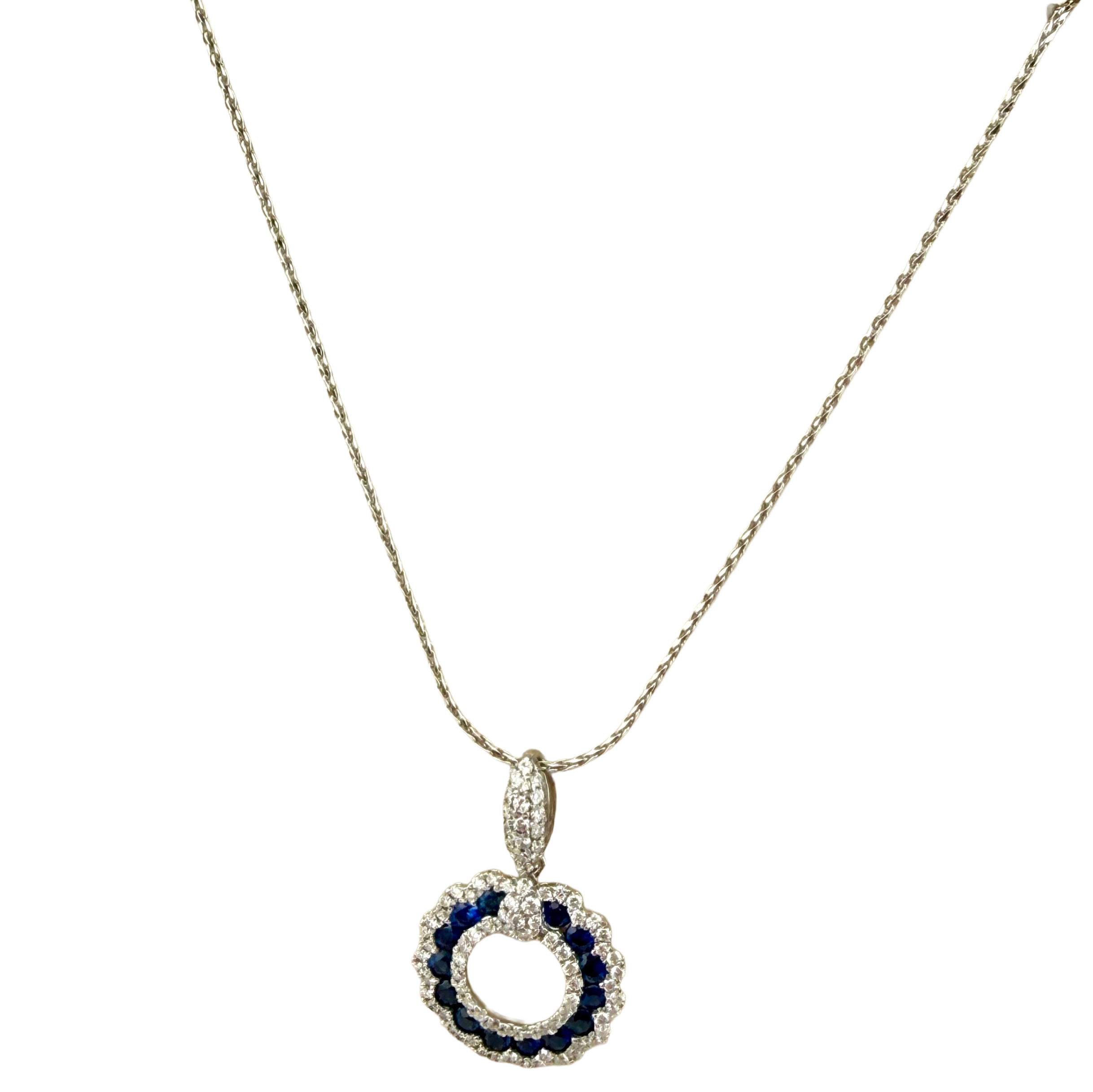 14KT White Gold Blue Sapphire and Natural Diamond Pendant Necklace